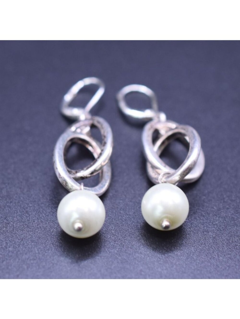 Silver Dangle Earrings With Faux Pearl Accents Elegant Loop Design 2" Long Vinta